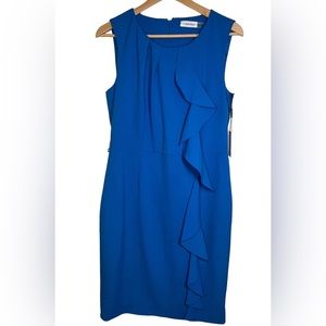 Calvin Klein Blue Ruffle Sheath Sleeveless Dress Size 10